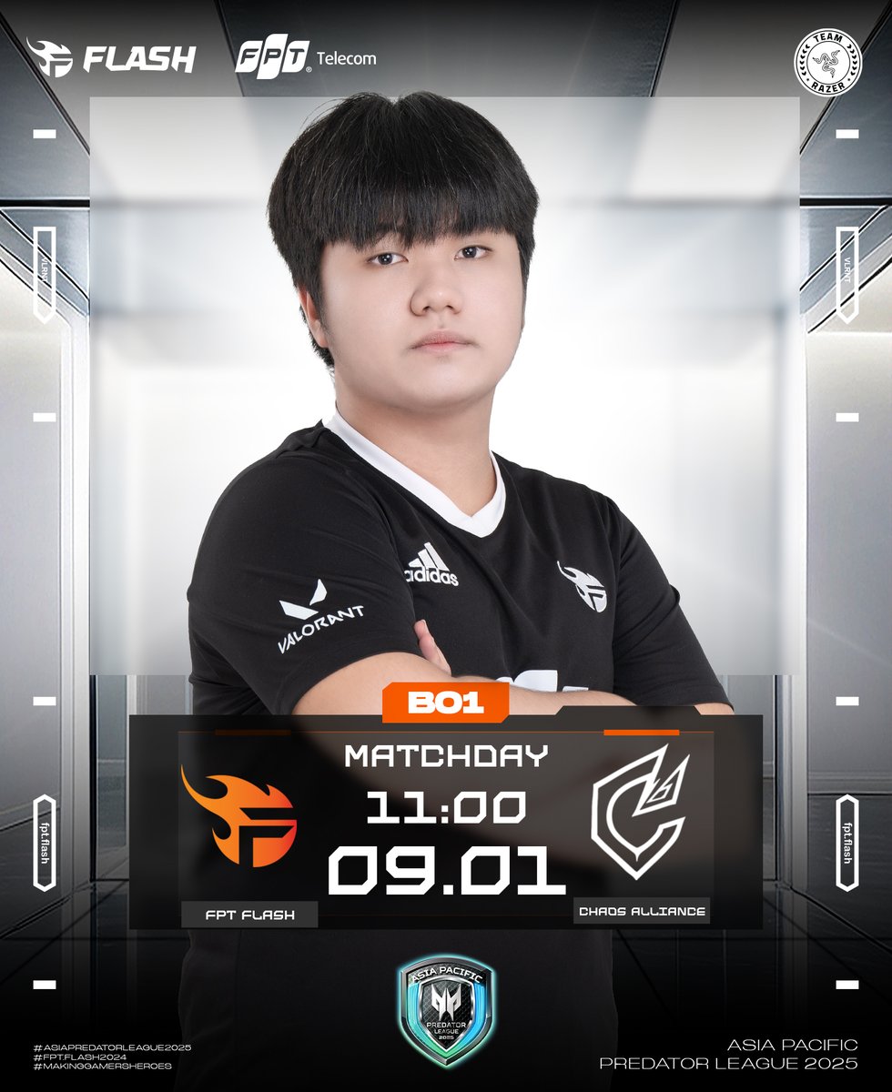 flashvalorantvn's tweet image. 🔥 MATCH DAY - ASIA PACIFIC PREDATOR LEAGUE 2025
⏱️ 11:00 | FPT Flash vs Chaos Alliance
This morning, FPT Flash officially kicks off their journey to conquer the tournament!
Let’s fuel their fire and cheer for our warriors! 🔥⚡
#FPTFlash #FPTTelecom #FPTPlay #Razer #TeamFlash