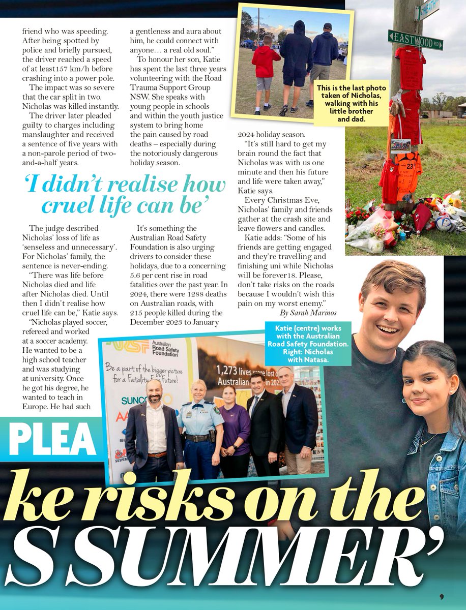 rtsgnsw's tweet photo. RTSG member Katie Dokmanovic shares her heartbreaking story in @NewIdeamagazine urging us all to drive safer this holiday season. Let's honour Nicholas’ memory by choosing safety and responsibility.
#RoadSafety #RTSGNSW #TowardZero #MakeSafeChoices https://t.co/2L18LpNEBU