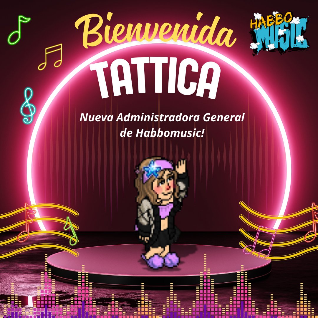 ¡Damos la bienvenida a Tattica (<a href="/Tattica14/">Tatiana🦋🖤</a> ) como nueva Administradora General de Habbomusic! 🎉 Su talento y dedicación serán clave para seguir creciendo como equipo. ¡Éxitos en esta nueva etapa! 💛