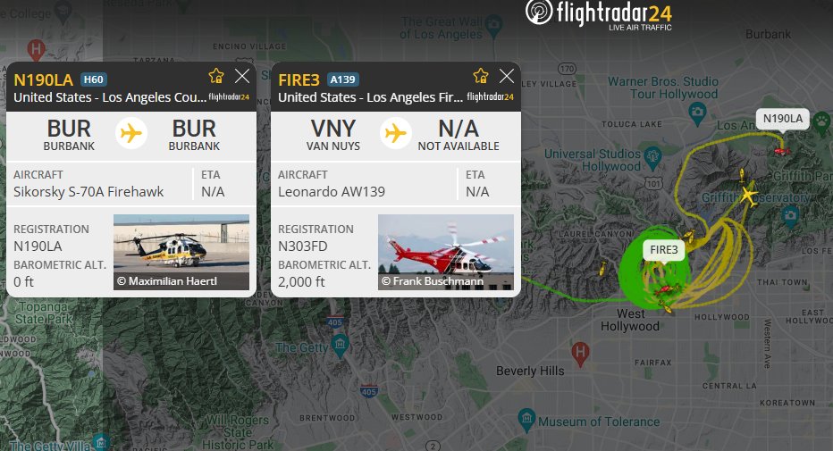 firebasetahoe's tweet image. #Hollywood 01/08/25/2000PST: Rotary wing #wildfire suppression aircraft over Hollywood Hills, Los Angeles, #California numerous locations, tracked on available online resources. rf #PalisadesFire Flight Radar 24 link: shorturl.at/o2XUs
