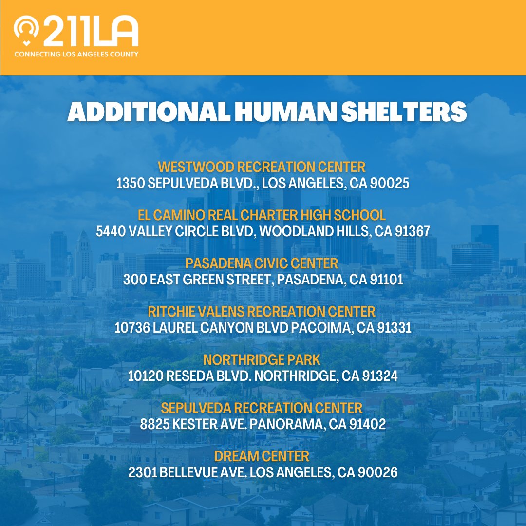 211LACounty's tweet image. If you are waiting to secure Airbnb.org credits, there are additional shelters ready to provide safe spaces for you and your pets.

#Altadena #Malibu #PacificPalisades #Pasadena #SantaMonica #Sylmar