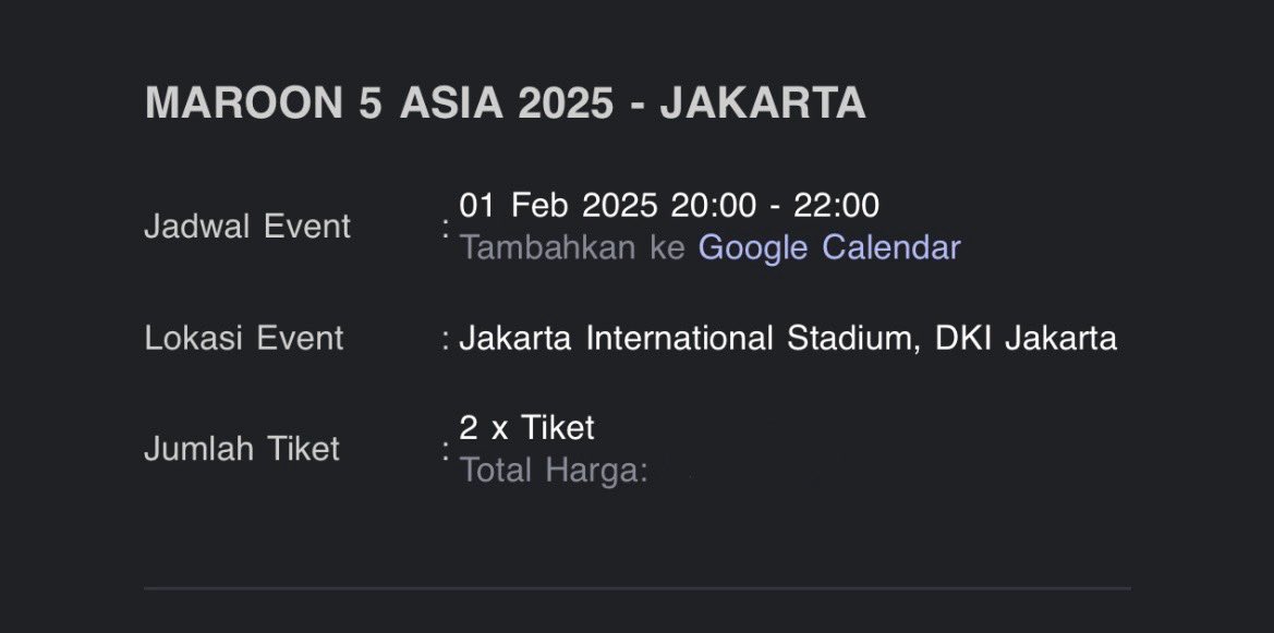 nisaaanz's tweet photo. WTS Tiket Maroon 5 Jakarta
🏟️CAT 4 ada 2 ticket
 🎫 atas namaku, dibantuin sampe jadi tiket fisik, pasti legit
💵 Harga normal, bisa COD, nego tipis
Alasan dijual: mager nonton

yg minat ato mau tanya dulu boleh banget DM aku yaa https://t.co/pricZrdNu7
