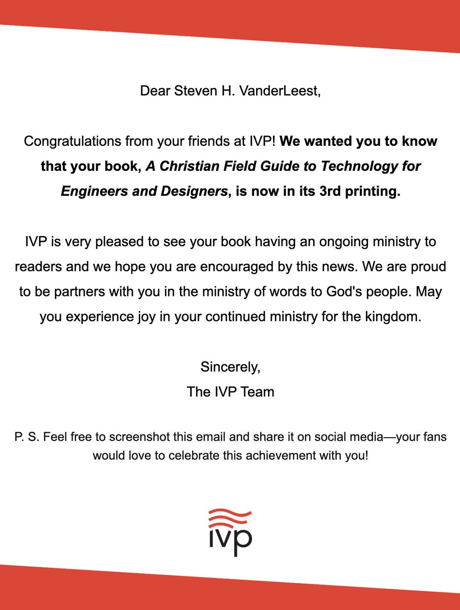 My book (co-authored with Derek Schuurman and Ethan Brue) went into a third printing this year! I'm gratfule to see we continue to find readers interested how Christian faith can influence engineering and design work. 
ivpress.com/a-christian-fi…