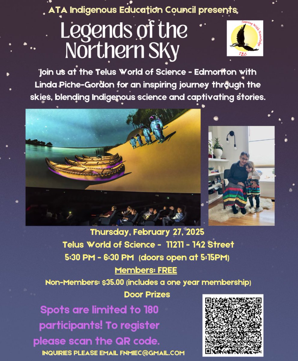 Please join the Indigenous Education Council on February 27th at the Telus World of Science in Edm with special guest Linda Piche-Gordon. This event is FREE for IEC members!! See poster for details and how to register. <a href="/GEOEC/">GEOEC</a> <a href="/ata_pd/">ATA PD</a> <a href="/albertateachers/">Alberta Teachers' Association</a>