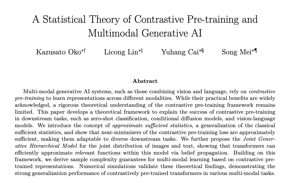 We present a new theoretical analysis of the CLIP model, focusing on controlling the estimation error of its representations in multimodal downstream tasks. The key is the notion of approximate sufficient statistics. In generative hierarchical models, we derive an end-to-end