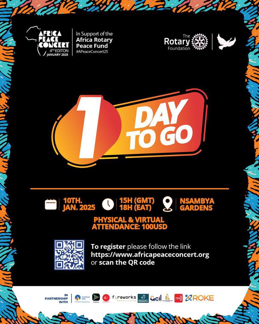 GRAB YOUR TICKET NOW!!!  For Payments
🔗online | africapeaceconcert.org 

Bank Account name: 
D9213 Rotary District Dues
*Account no:*
3100082413 USD  
3100083833 UGX
*Bank*: 
Centenary Bank,Corporate Branch

*Mobile Money Payments*
Winfred Bukirwa 
0774-575072
0703-672967