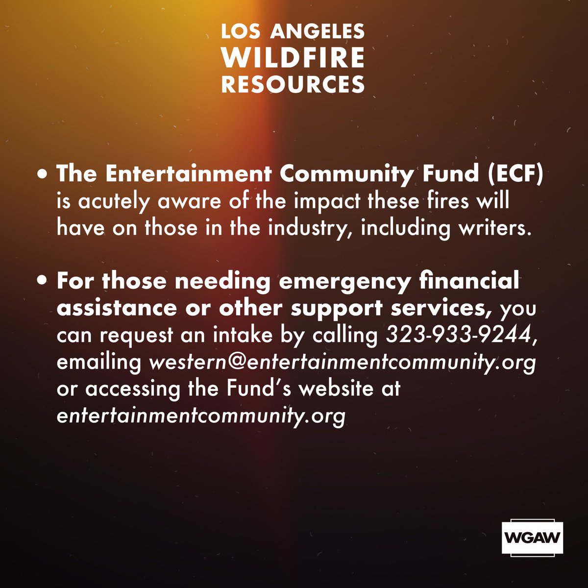 WGAWest's tweet photo. We encourage you to access the following Los Angeles Wildfire Resources. Learn more at the link in our bio. https://t.co/RN9ZTIH4J9