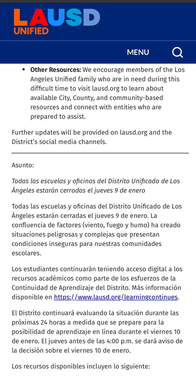 All Los Angeles Unified School District schools and offices will be closed on Thursday January 9, 2025