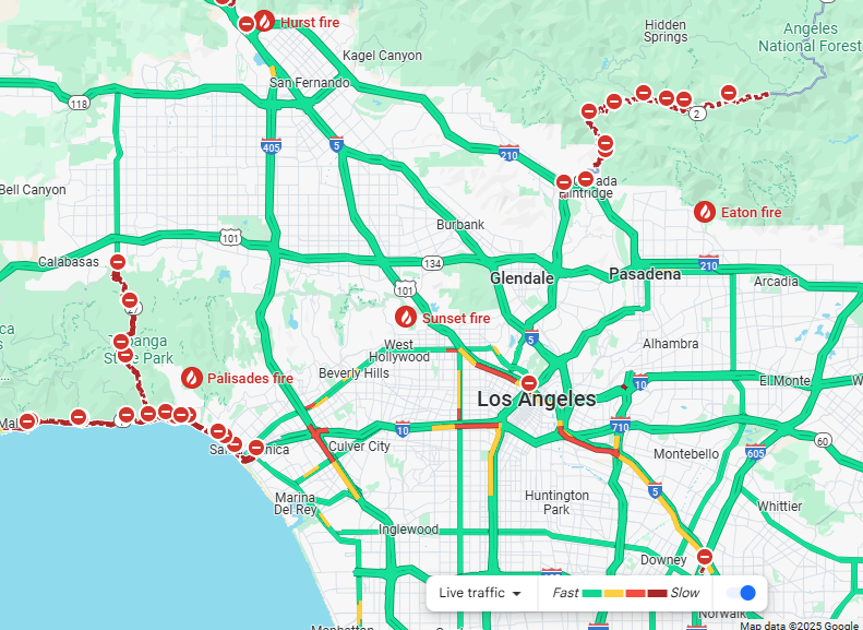 firebasetahoe's tweet image. Beverly Hills Evac 01/08/25/2040PST: Google traffic shows limited options for #Palisadesfire and some others #sunsetfire and Hollywood Hills, #California as #wildfire menace continues , Los Angeles. Map: shorturl.at/n3ifx