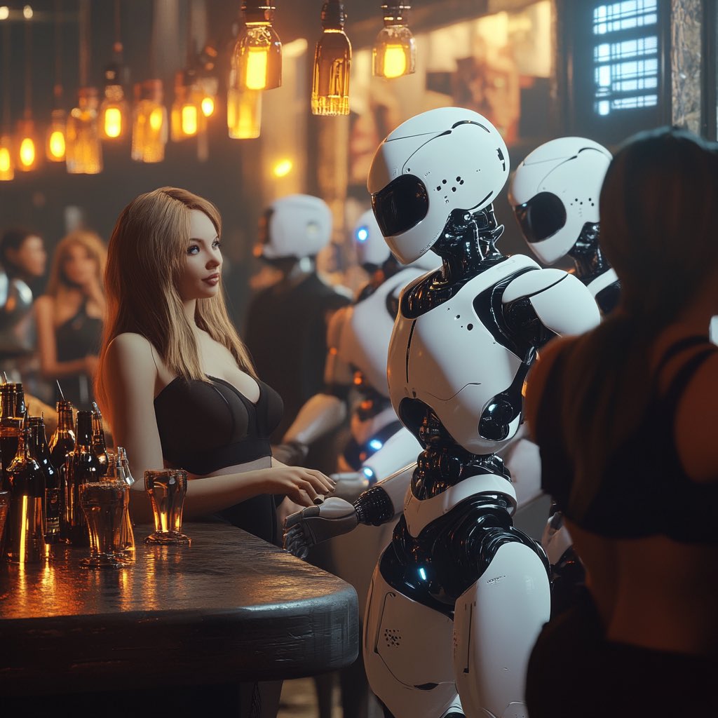 p_eacex's tweet image. When the robots start hitting on the humans at the bar, you know it&apos;s been a long night! 🤖🍺 #FutureOfFlirting #RobotPickupLines