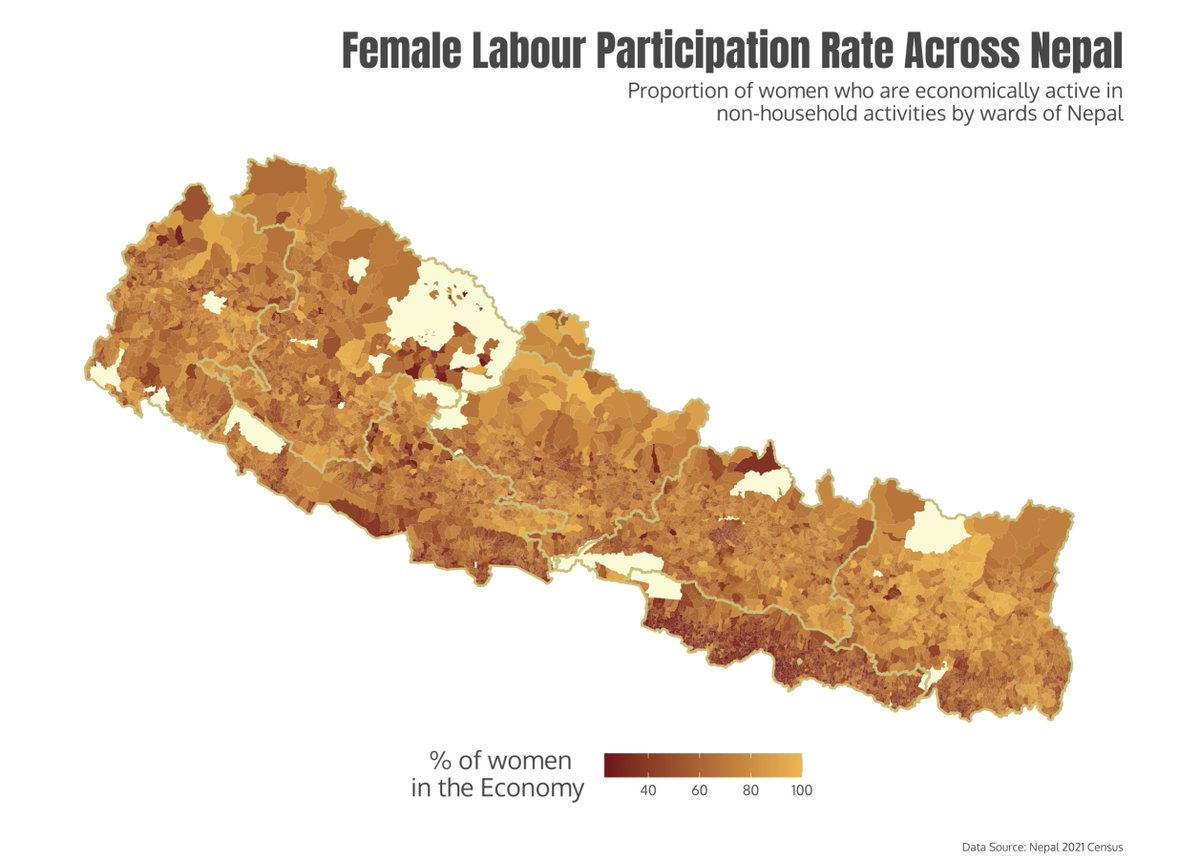 Contrary to our assumptions about the developing world, female labour participation across Nepal is consistently high with a few very interesting outliers 🧵

Data from Individual Table 5 of the 2021 Census, visualisations by me.