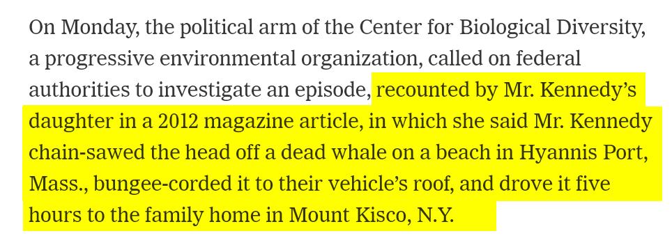 schwurbelwatch's tweet image. Über den radikalen #Impfgegner Robert F. Kennedy Jr. lernt man immer wieder neues.

So hat er (laut seiner Tochter) vor längerer Zeit den Kopf eines toten Wales (!) mit einer Kettensäge (!) abgetrennt, auf seinem Auto befestigt und ist damit 5 Stunden nach Hause gefahren.

WTF.