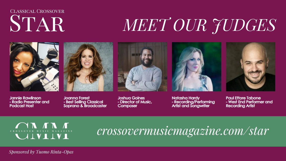 Crossover Music Magazine (@crossmusmag) on Twitter photo Meet the Judges for #ClassicalCrossoverStar 💫
We are thrilled to welcome back <a href="/JannieBroadcast/">Jannie Rawlinson Broadcaster Podcaster & Presenter</a> , <a href="/joannaforest/">Joanna Forest</a>, Joshua Goines, <a href="/natashasoprano/">Natasha Hardy</a>, and <a href="/tabonetenor/">Paul Ettore Tabone</a> as our expert panel of judges! crossovermusicmagazine.com/star 🎶 Meet the Judges for #ClassicalCrossoverStar 💫
We are thrilled to welcome back <a href="/JannieBroadcast/">Jannie Rawlinson Broadcaster Podcaster & Presenter</a> , <a href="/joannaforest/">Joanna Forest</a>, Joshua Goines, <a href="/natashasoprano/">Natasha Hardy</a>, and <a href="/tabonetenor/">Paul Ettore Tabone</a> as our expert panel of judges! crossovermusicmagazine.com/star 🎶