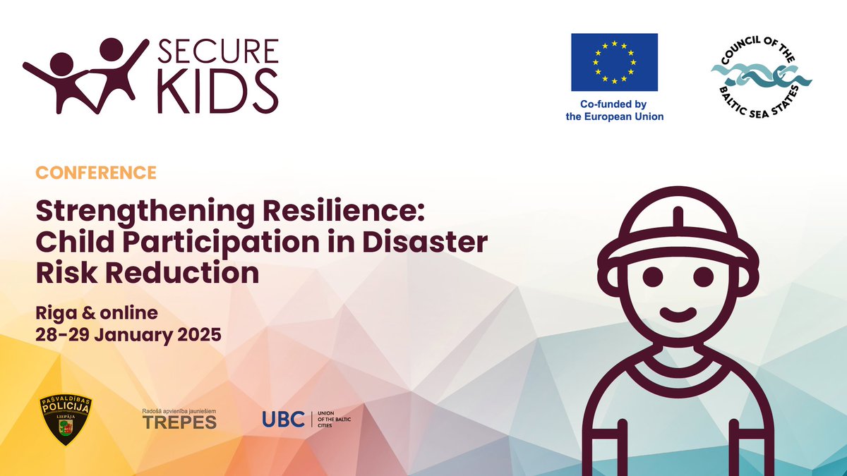 CBSSsecretariat's tweet image. Join us in Riga or online: Explore how #ChildParticipation strengthens #DisasterRiskReduction at the #SecureKids conference.

📍  Wellton Riverside Spa Hotel, Riga
🗓  28–29 Jan 2025

Open to DRR experts, policymakers &amp;amp; young people.
👉  Register: cbss.org/securekids/con…