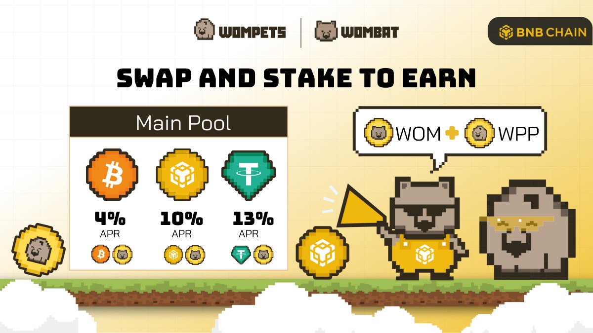WombatExchange's tweet photo. Ring in TGIF with a fresh yield hunt on @BNBCHAIN Main Pool! Enjoy:

✨ ~13% APR on $USDT LP
✨ ~10% APR on $BTCB LP
✨ ~4% APR on $BNB LP

Earn $WOM and @wompets_ WPP to win $USDT this season. Go Wombats!🥂 https://t.co/amgrrMBiM8