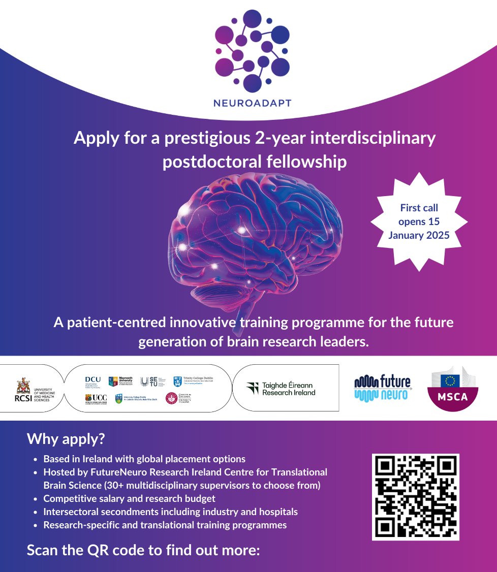 🚨 The NEUROADAPT Postdoc Fellowship opens next week! 🚨

🗓 Opens: Jan 15, 2025
📝 Deadline: Apr 11, 2025

Advance research in #Diagnostics, #Therapeutics, and #DigitalHealth for brain conditions with FutureNeuro.

Explore eligibility and application details: