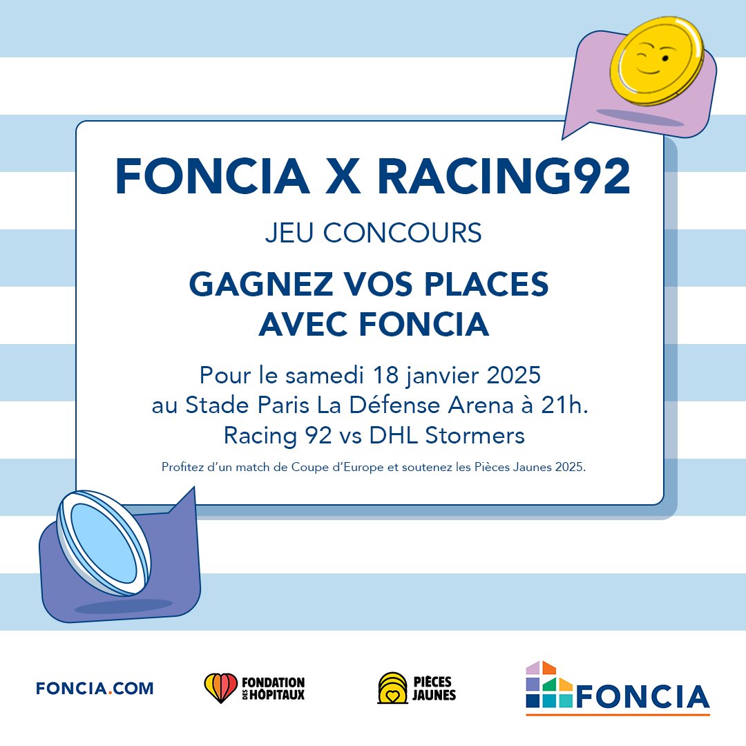 🔴 #JEU #CONCOURS 🔴

La Coupe d’Europe de 🏉​, ça vous dit ?

Jouez avec <a href="/foncia/">FONCIA</a> pour tenter de gagner 2 places pour le <a href="/racing92/">Racing 92</a> vs <a href="/THESTORMERS/">DHL Stormers</a> sam. 18/01/2025 au <a href="/ParisLaDefArena/">Paris La Défense Arena</a>
L'occasion de supporter les <a href="/piecesjaunes/">Pièces Jaunes</a> 2025

Pour participer : RT + FOLLOW le compte <a href="/foncia/">FONCIA</a>