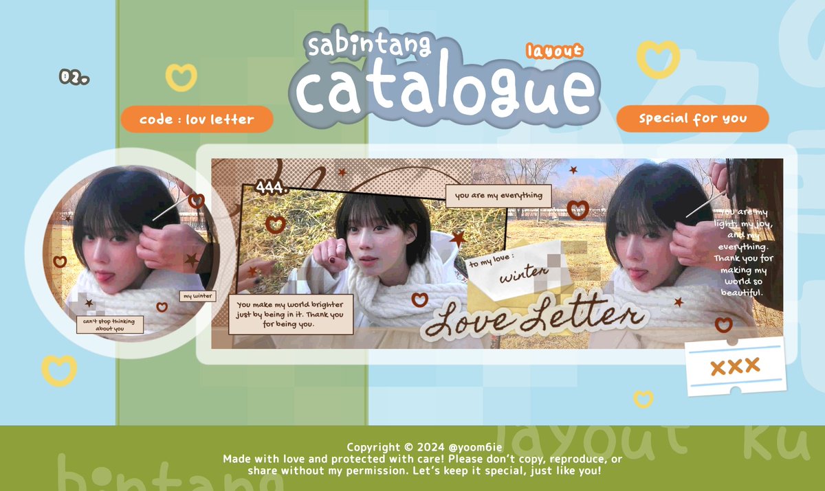 yoom6ie's tweet image. help repost please? thankyou! 🥺💗

halloo . . . kenalan yuk sama 3 katalog layout baru akuu! ada daisuki, lov letter dan bola susu 🤓🍼 tolong ospekin baik-baik dan sayangi mereka yaa, terimakasih ⭐

(semua layoutnya ufs yaa) 
#zonauang #zonajajan