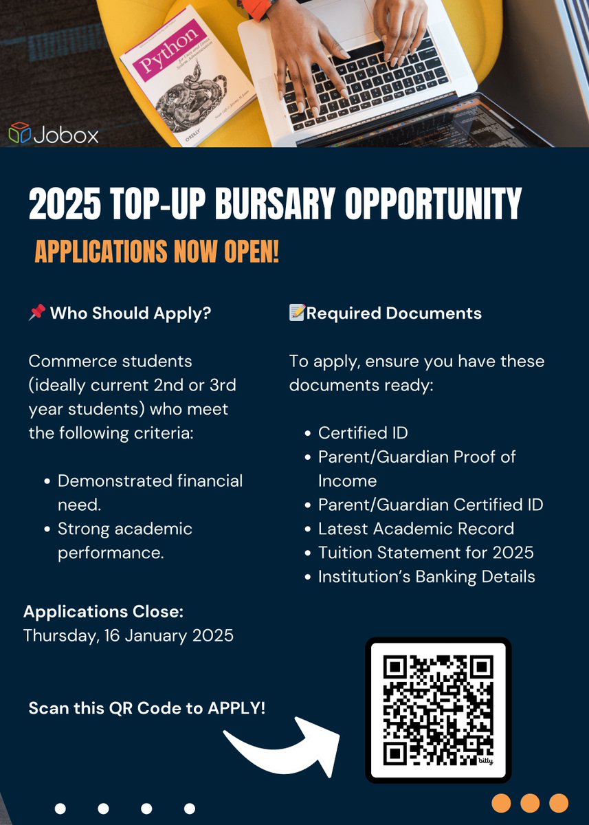 JoboxZA's tweet image. 🚨 BURSARY!! 🚨 

Top-Up is offering a bursary to 2nd and 3rd year commerce students! Click on the link in the bio to learn more!

Applications close on Thursday, the 16th of January!