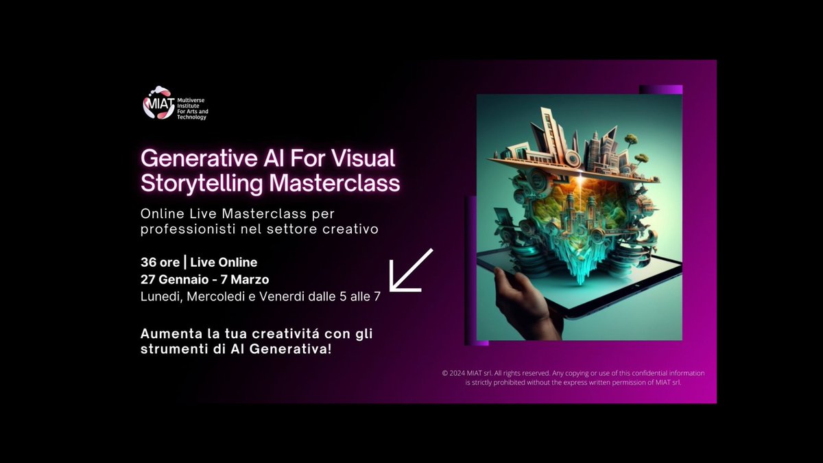 Dal 27 Gennaio al 3 Marzo, #MIAT lancia la terza edizione della prima ed unica Masterclass al mondo in Generative #Al for Visual Storytelling Masterclass.

#APA 

👉bit.ly/4fQI4BX
