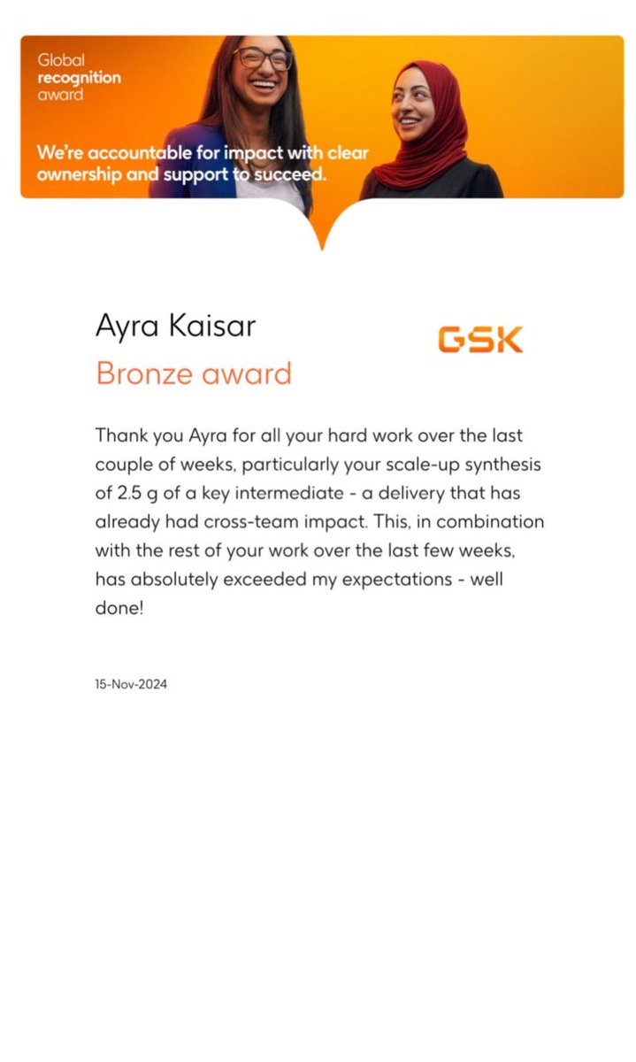 Proud Department moment! We're thrilled to see our MChem with Industrial Placement student, Ayra Kaisar, receiving a Bronze Recognition Award during her work at GSK. bit.ly/4fS2PNq