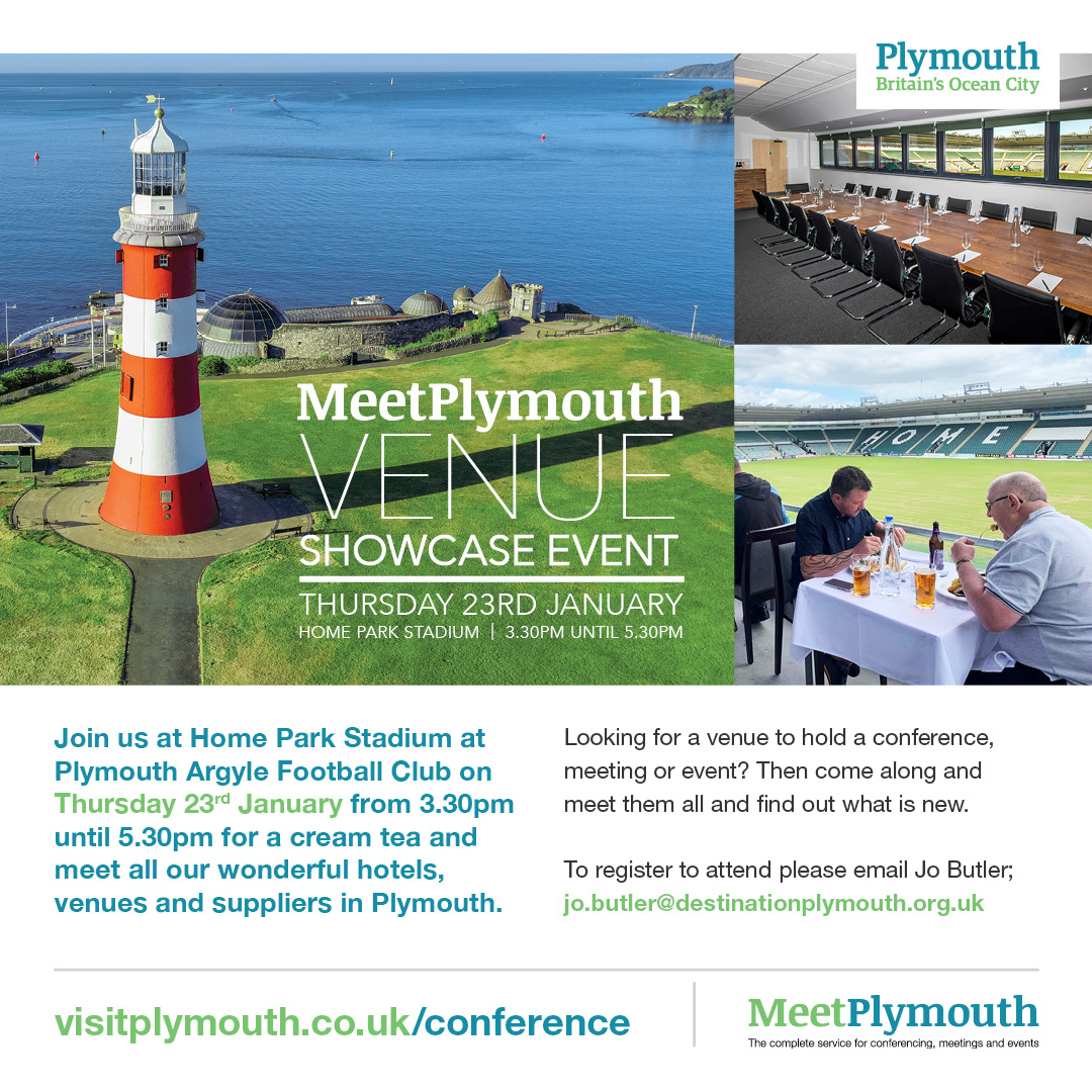 Planning a Conference or Need Meeting Space in 2025?

We’re excited to be part of the Meet Plymouth Venue Showcase Event on 23rd January 3.30 to  5:30 pm, happening at Home Park Stadium - PAFC.

it’s free to attend! Click the link below to register  buff.ly/419aPGg