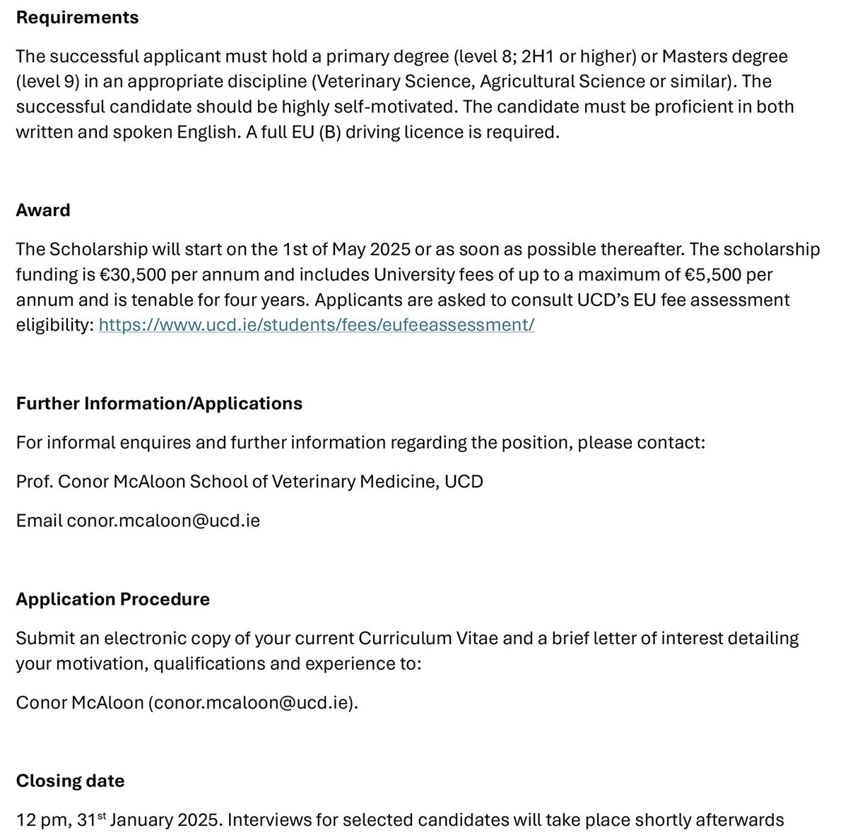 CVERA (@ucd_cvera) on Twitter photo PhD Scholarship Opportunity
“Mathematical modelling of cattle diseases, with a focus on exotic and emerging diseases”
#MathematicalModelling #EmergingDiseases
Further information below.
Closing date for applications is 12 pm, 31st January 2025.
<a href="/ucdvetmed/">UCD School of Veterinary Medicine</a> <a href="/ucddublin/">University College Dublin</a> <a href="/VistaMilk/">VistaMilk Research Ireland Centre</a> PhD Scholarship Opportunity
“Mathematical modelling of cattle diseases, with a focus on exotic and emerging diseases”
#MathematicalModelling #EmergingDiseases
Further information below.
Closing date for applications is 12 pm, 31st January 2025.
<a href="/ucdvetmed/">UCD School of Veterinary Medicine</a> <a href="/ucddublin/">University College Dublin</a> <a href="/VistaMilk/">VistaMilk Research Ireland Centre</a>