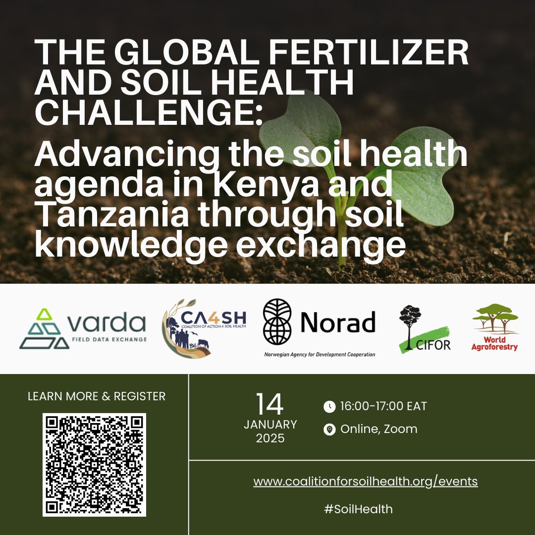 Leigh Ann Winowiecki (@lawinowiecki) on Twitter photo Join the action to advance the #soil health agenda in #Africa
Register here: us06web.zoom.us/meeting/regist…
🗓️ January 14 2025
🕑 16:00-17:00 EAT
Read more here: bit.ly/3PvbcUG
<a href="/CIFOR_ICRAF/">CIFOR-ICRAF</a> @ca4sh_global <a href="/IFDCGlobal/">IFDC</a> <a href="/kalromkulima/">KALRO</a> <a href="/Varda_FieldData/">Varda - Field Data Exchange</a> <a href="/noradno/">Norad</a> <a href="/NEPAD_Agency/">AUDA-NEPAD</a> Join the action to advance the #soil health agenda in #Africa
Register here: us06web.zoom.us/meeting/regist…
🗓️ January 14 2025
🕑 16:00-17:00 EAT
Read more here: bit.ly/3PvbcUG
<a href="/CIFOR_ICRAF/">CIFOR-ICRAF</a> @ca4sh_global <a href="/IFDCGlobal/">IFDC</a> <a href="/kalromkulima/">KALRO</a> <a href="/Varda_FieldData/">Varda - Field Data Exchange</a> <a href="/noradno/">Norad</a> <a href="/NEPAD_Agency/">AUDA-NEPAD</a>