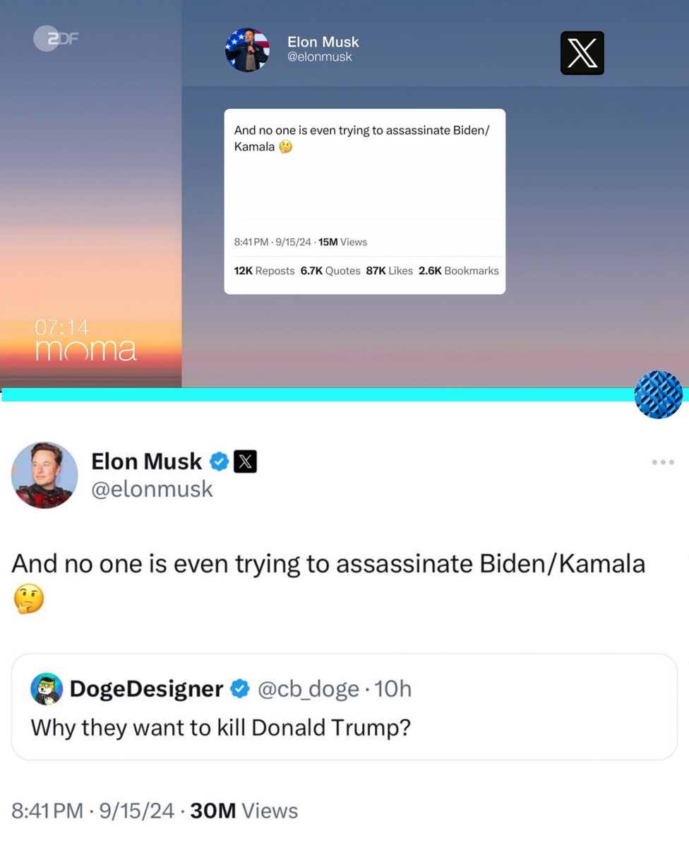In der heutigen ZDF-MOMA-Sendung (Interview mit <a href="/Beatrix_vStorch/">Beatrix von Storch</a>) wurde ein manipulierter Screenshot gezeigt, in dem der Post, welchen <a href="/elonmusk/">Elon Musk</a> am 15.09.2024 zitiert und kommentiert hatte, entfernt wurde. 

ZDF-Moderator Andreas Wunn:
„Und vielleicht auch von Elon Musk, der ja