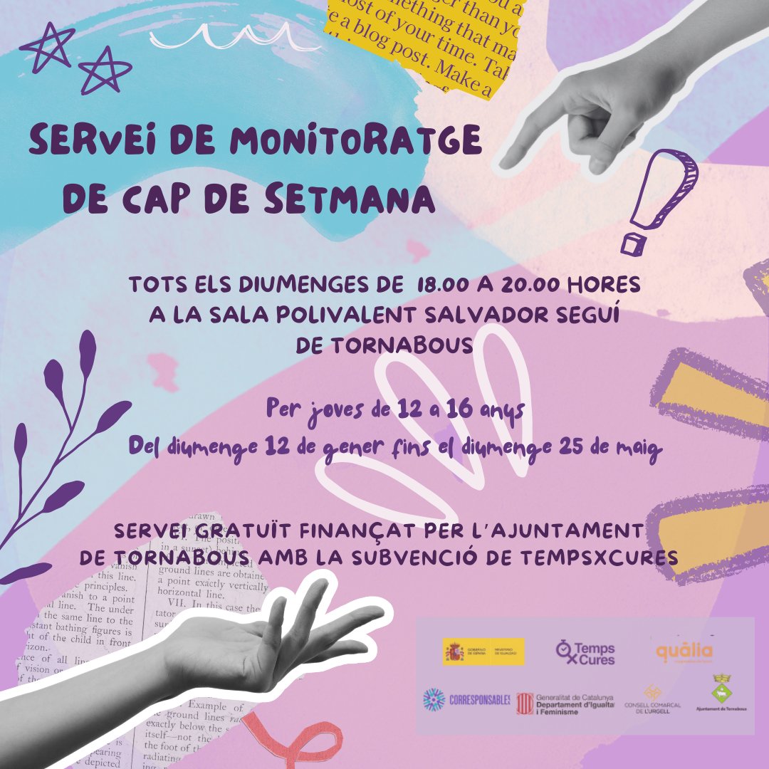✅Servei de monitoratge a Tornabous per joves de 12 a 16 anys.
🗓️Tots els diumenges a partir del 12 de gener fins el 25 de maig de 2025.
⏰De 18.00 a 20.00 hores.
📍Sala polivalent Salvador Seguí de Tornabous.
#municipitornabous #joves #monitoratge