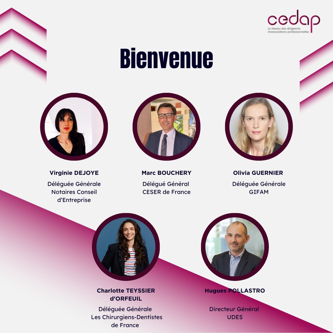 Cedap (@cedap_assopro) on Twitter photo 🚀Nous sommes ravis d'accueillir nos nouveaux #membres.
#Bienvenue à Virginie DEJOYE (<a href="/Notaires_NCE/">Notaires NCE</a>) ; Olivia GUERNIER (<a href="/GIFAM_/">Gifam</a>) ; Charlotte TEYSSIER d'ORFEUIL (<a href="/lescdf/">Les Chirurgiens-Dentistes de France</a>) ; <a href="/HuguesPollastro/">Hugues Pollastro</a> (@UDESnationale) ; <a href="/Marc_Bouchery/">Marc Bouchery</a> (<a href="/ceserfrance/">CESER de France</a>).
Hâte de collaborer avec vous !🙌 🚀Nous sommes ravis d'accueillir nos nouveaux #membres.
#Bienvenue à Virginie DEJOYE (<a href="/Notaires_NCE/">Notaires NCE</a>) ; Olivia GUERNIER (<a href="/GIFAM_/">Gifam</a>) ; Charlotte TEYSSIER d'ORFEUIL (<a href="/lescdf/">Les Chirurgiens-Dentistes de France</a>) ; <a href="/HuguesPollastro/">Hugues Pollastro</a> (@UDESnationale) ; <a href="/Marc_Bouchery/">Marc Bouchery</a> (<a href="/ceserfrance/">CESER de France</a>).
Hâte de collaborer avec vous !🙌