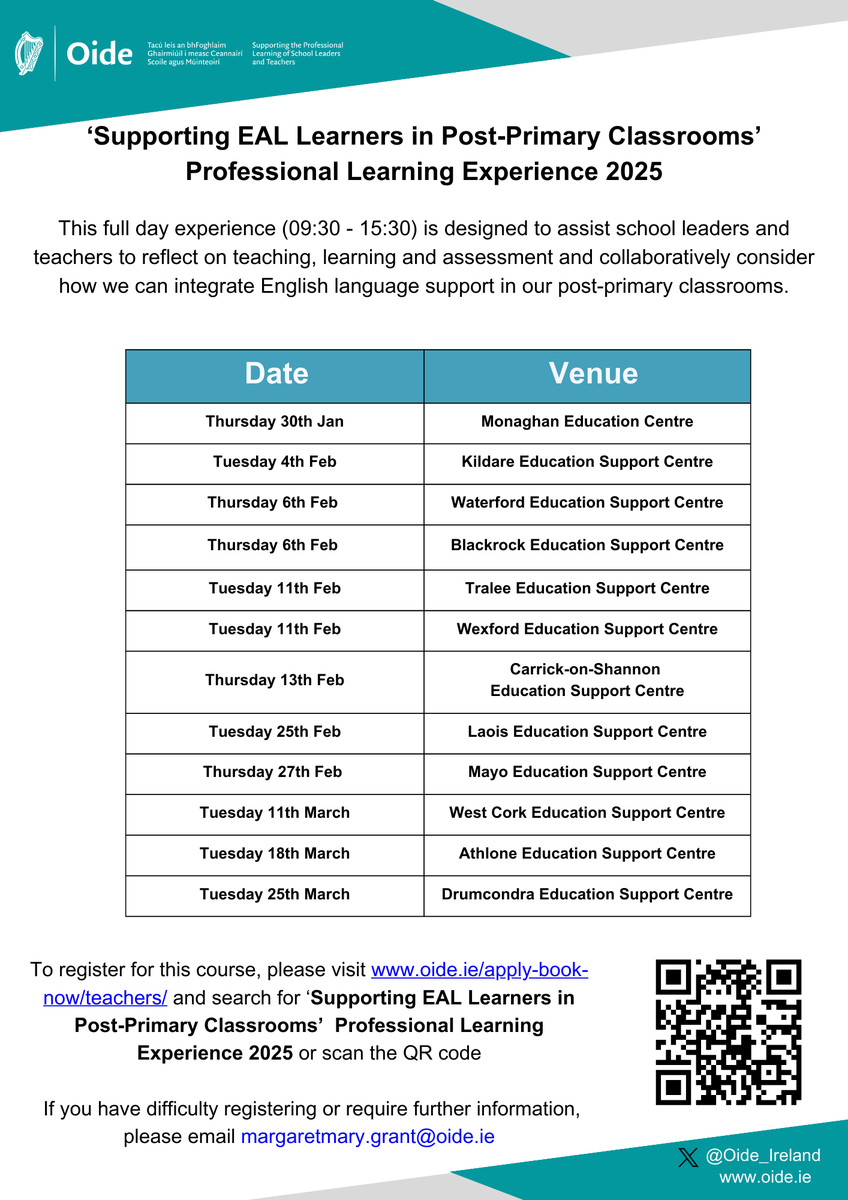 🔔Please see details of our upcoming Professional Learning Experience for all post-primary teachers supporting EAL learners. Booking links and further details can be found below. 🔔
