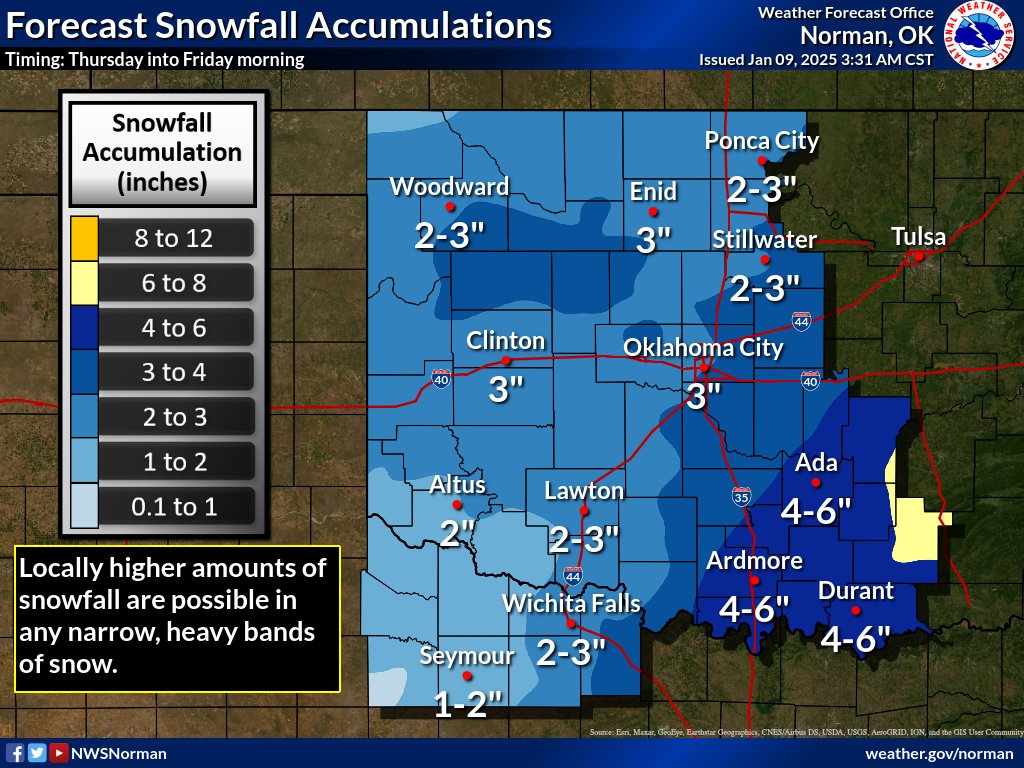 ❄️The Winter Storm Warning has been expanded. Average snowfall accumulations of 3" to 7" in the warning and 2" to 3" in the advisory. 

Locally higher amounts are possible in any heavier bands of snow and some locations may receive less if between bands of snow. #okwx #texomawx