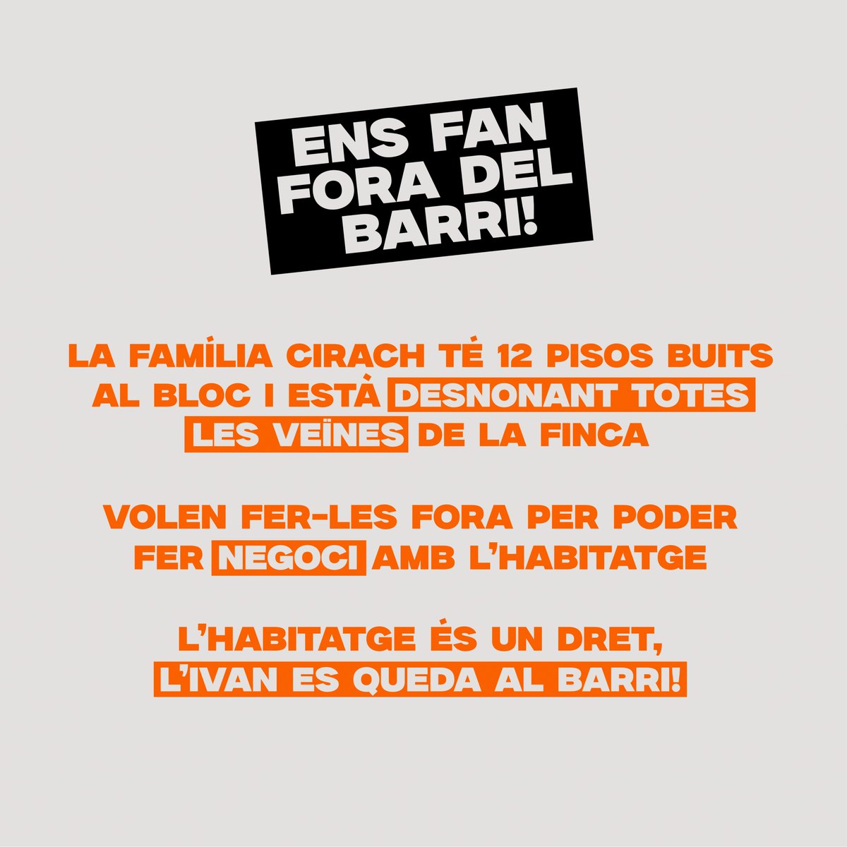 ⚠️ ALERTA DESNONAMENT AL POBLENOU⚠️

VOLEN DESNONAR A L'IVAN DESPRÉS DE 25 ANYS VIVINT A CASA SEVA !

Per això us necessitem!
🗓️ Dijous 16 de gener
⏰ 10:30h
📍 Tothom a c/ Ramón Turró 153! 

POBLENOU NO ESTÀ EN VENDA! 🔥🏠🔑