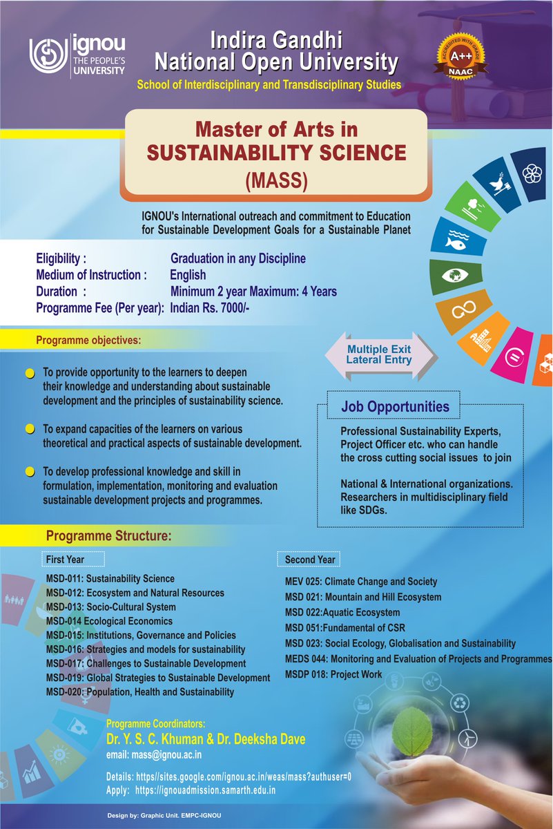 Join MASS,  Enhance your skills in research, critical thinking, problem-solving, and project management, which are essential for addressing sustainability challenges.  Apply on or before 31st January, 2025 @ ignou.ac.in/pages/50