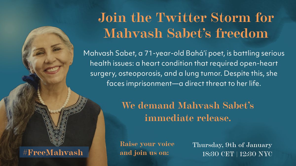 Friends of Mahvash Sabet and activists around the world are holding a Twitter storm for her today: join it to add your voice! Mahvash Sabet must not be sent back to prison. #FreeMahvash