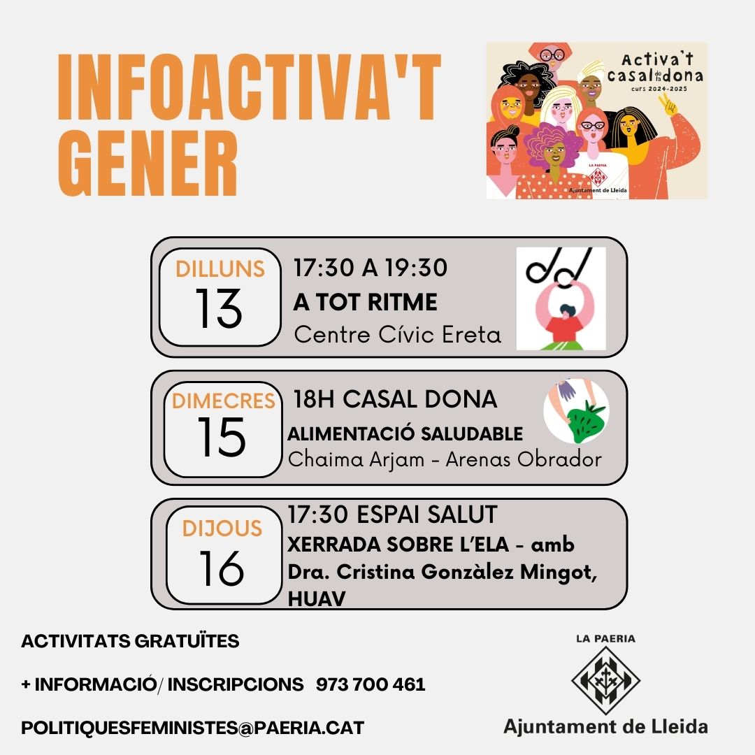 Activitats gratuïtes per a totes les dones!! Veniu al Casal de la Dona i gaudiu, apreneu, coneixeu...
+ info 973 700 461