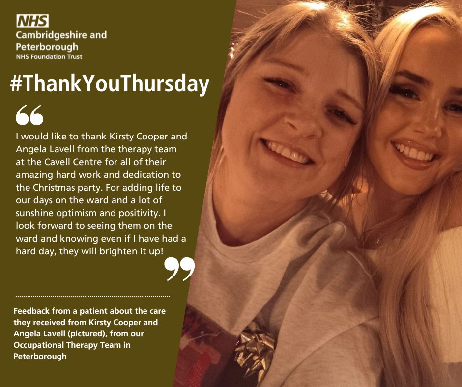 CPFT_NHS's tweet photo. A patient sent in this lovely #ThankYouThursday feedback for Kirsty Cooper and Angela Lavell from our Occupational Therapy Team at the Cavell Centre, Peterborough. Well done to you both 👏 #TeamCPFT https://t.co/unZVw8ZO4a
