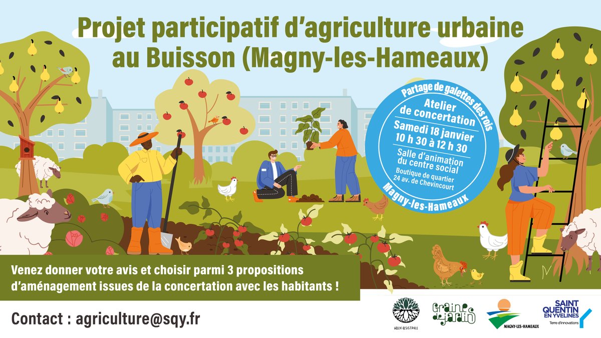 Autour d’une galette des rois 🤴 venez découvrir vos propositions d’aménagement et voter pour le projet de votre futur jardin participatif au Buisson <a href="/villemagny78/">Villemagny78</a>   !
📅18 Jan > 10h30 à 12h30 ➡️ Salle d’animation du centre social, Magny-Les-Hameaux
👉 sqy.fr/agriculture-ur…