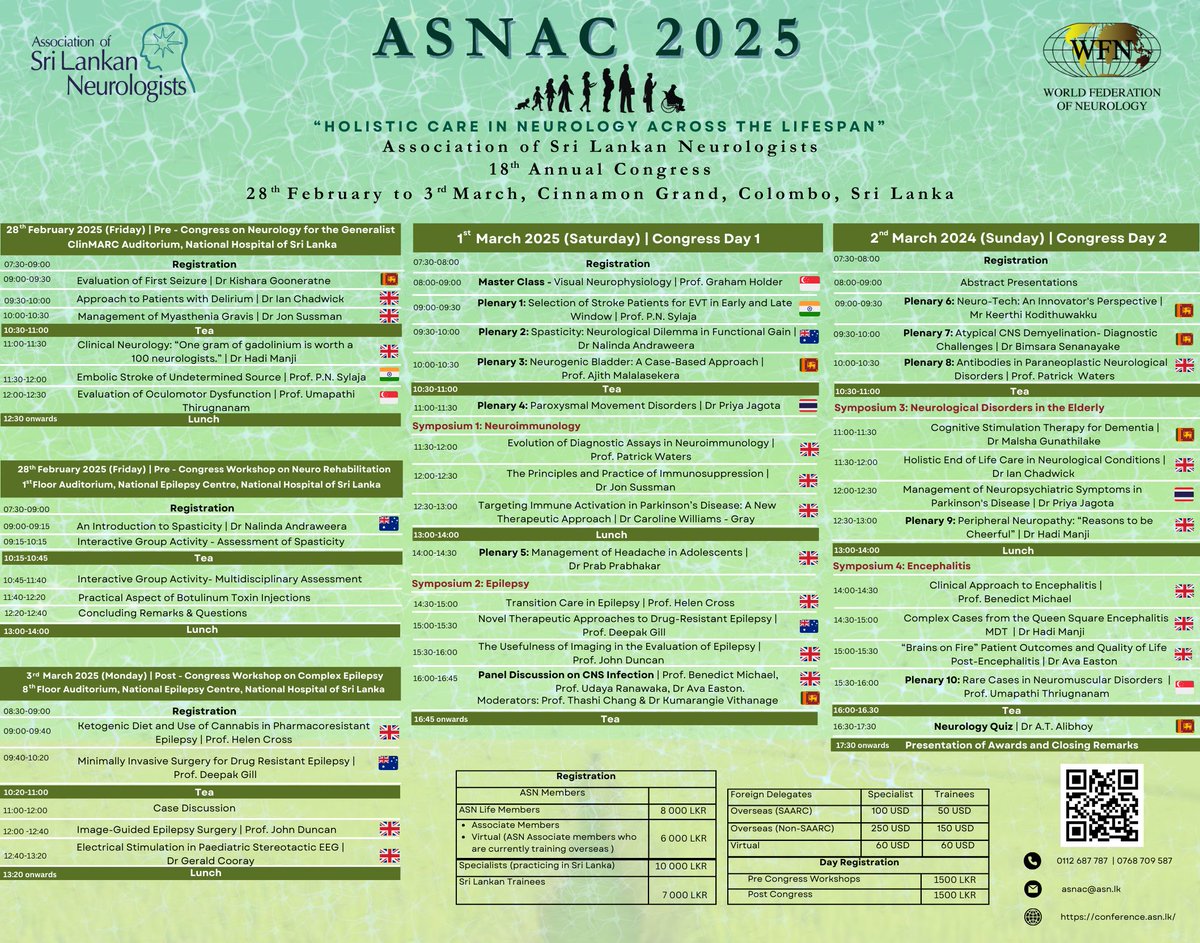 Join us for ASNAC 2025 !! 
conference.asn.lk 
Registrations open 
#Neurology #SriLanka #Conferences #colombo