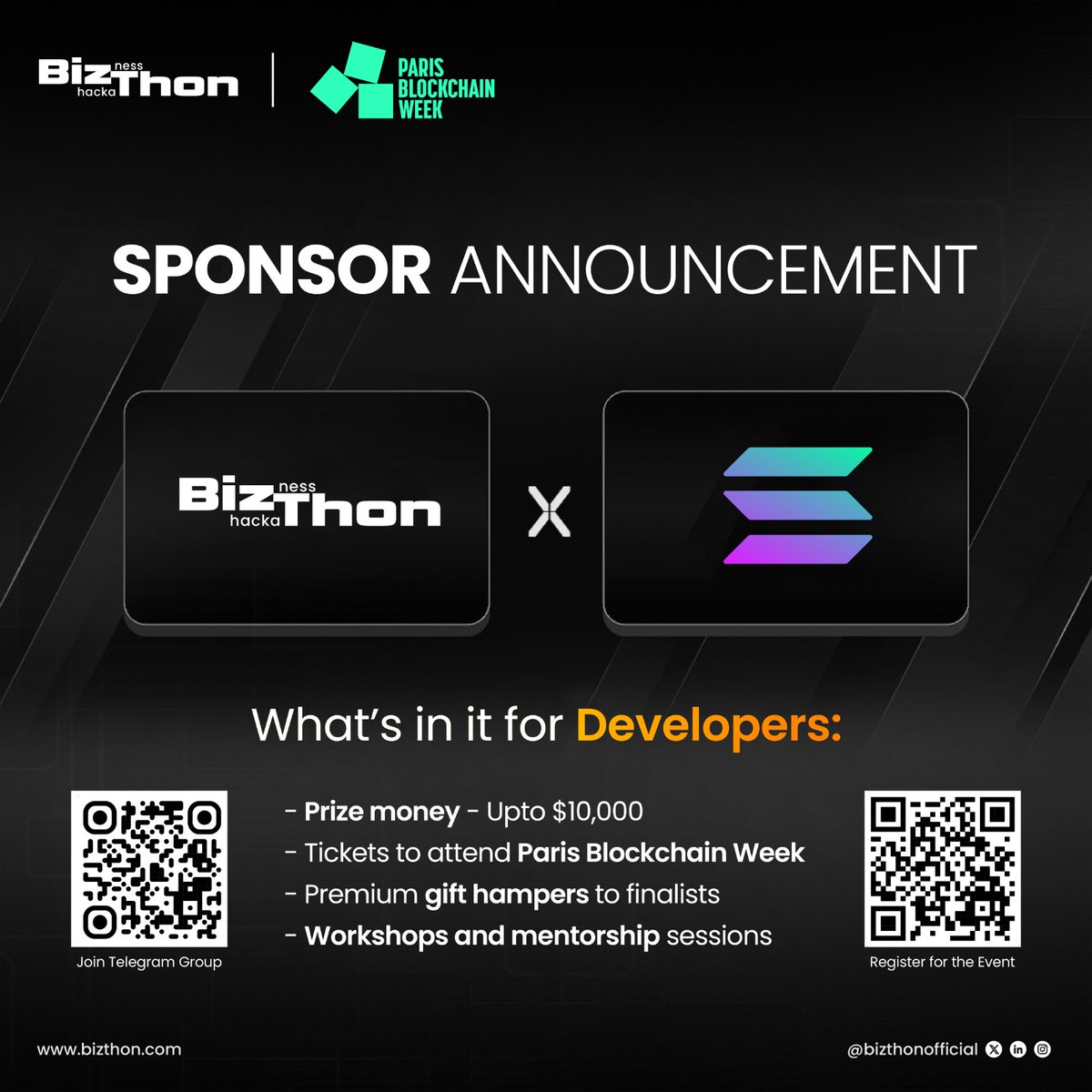 BizthonOfficial's tweet image. Hello Developers!
🌟 Exciting Partnership Announcement! 🌟
We’re excited to welcome @solana as a key sponsor for the upcoming BizThon x Paris Blockchain Week 2025 series!

Get ready for incredible rewards, global opportunities, and exclusive workshops and mentorship designed to…
