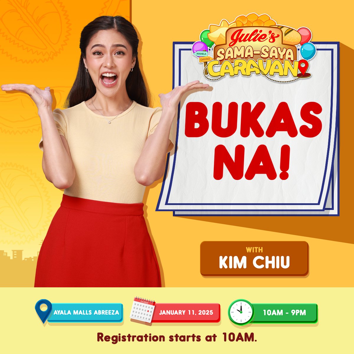 Julie's Bakeshop (@julies_official) on Twitter photo Bukas na ang Julieโs Sama-Saya Caravan sa Davao! Kaya kita-kits sa Ayala Malls Abreeza para sa exciting games, nakakatakam na prizes, pati na rin sa chance ma-meet si Ka-Freshness Kim Chiu.
Registration starts at 10AM.
#SamaSayaCaravan #EverydayFreshEverydaySulit Bukas na ang Julieโs Sama-Saya Caravan sa Davao! Kaya kita-kits sa Ayala Malls Abreeza para sa exciting games, nakakatakam na prizes, pati na rin sa chance ma-meet si Ka-Freshness Kim Chiu.
Registration starts at 10AM.
#SamaSayaCaravan #EverydayFreshEverydaySulit