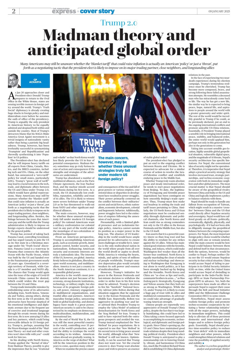 GPAthinker's tweet photo. #Opinion Trump 2.0, Madman Theory and Anticipated Global Order #AMN
#Trump2.0 #Madmantheory #newglobalorder #stableglobalorder #US #China #tariff #greatwalloftariff #neocolonialism #diplomacy #foreignpolicy #gpacharya https://t.co/QgdSQ03gor
