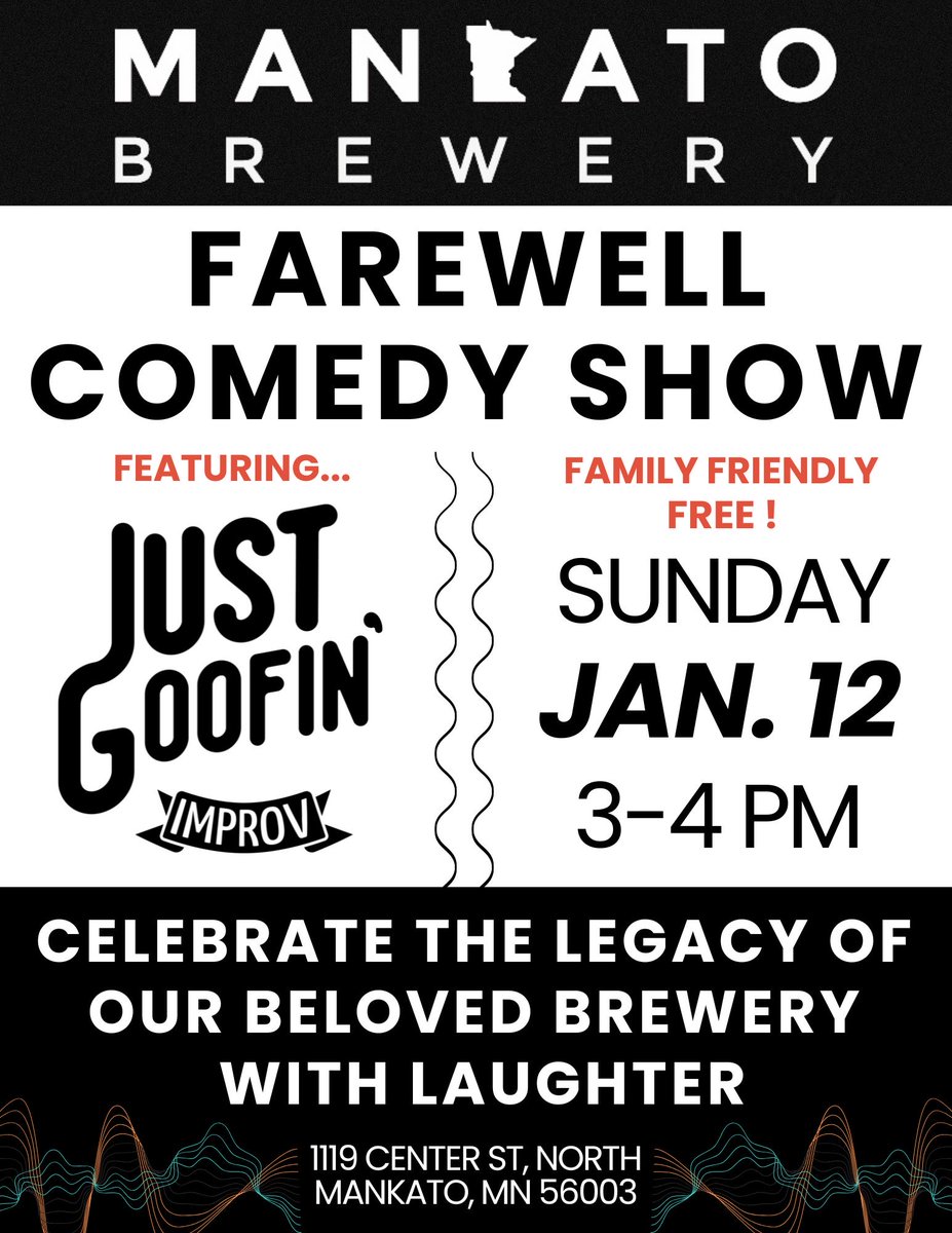 I'm on stage at the Just Goofin’ Improv show this Sunday at 2PM at the last days of the Mankato Brewery!  Come and say hi and get some laughs.