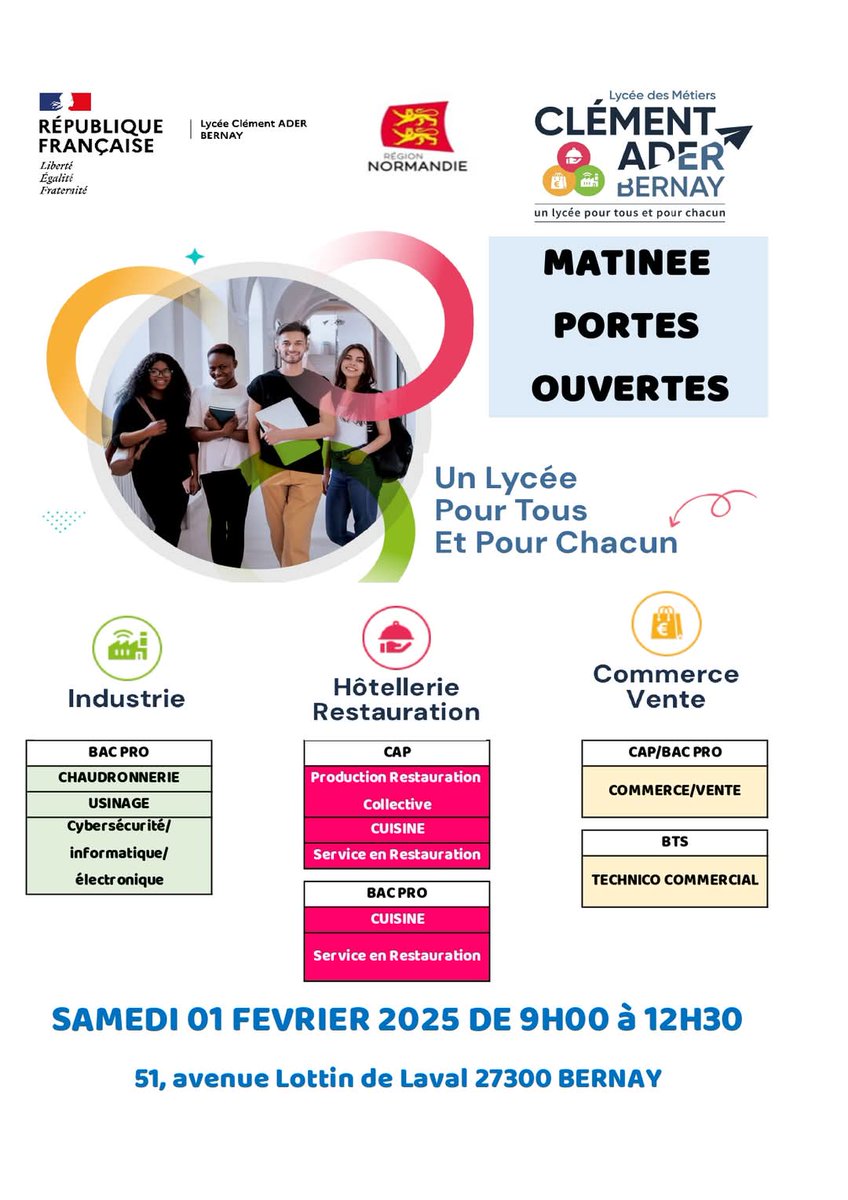 PORTES OUVERTES - SAMEDI 01 FEVRIER 2025 DE 09H00 à 12H30

VENEZ DÉCOUVRIR NOS FORMATIONS ET NOTRE NOUVEAU LYCÉE.

On vous attend nombreux !