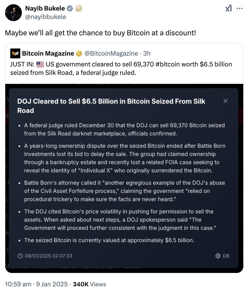 🇸🇻萨尔瓦多总统评论“美司法部获准出售65亿美元比特币”：提供折价购买机会对于“美国司法部获准出售被扣押的65 亿美元暗网丝绸之路比特币”一事， 萨尔瓦多总统