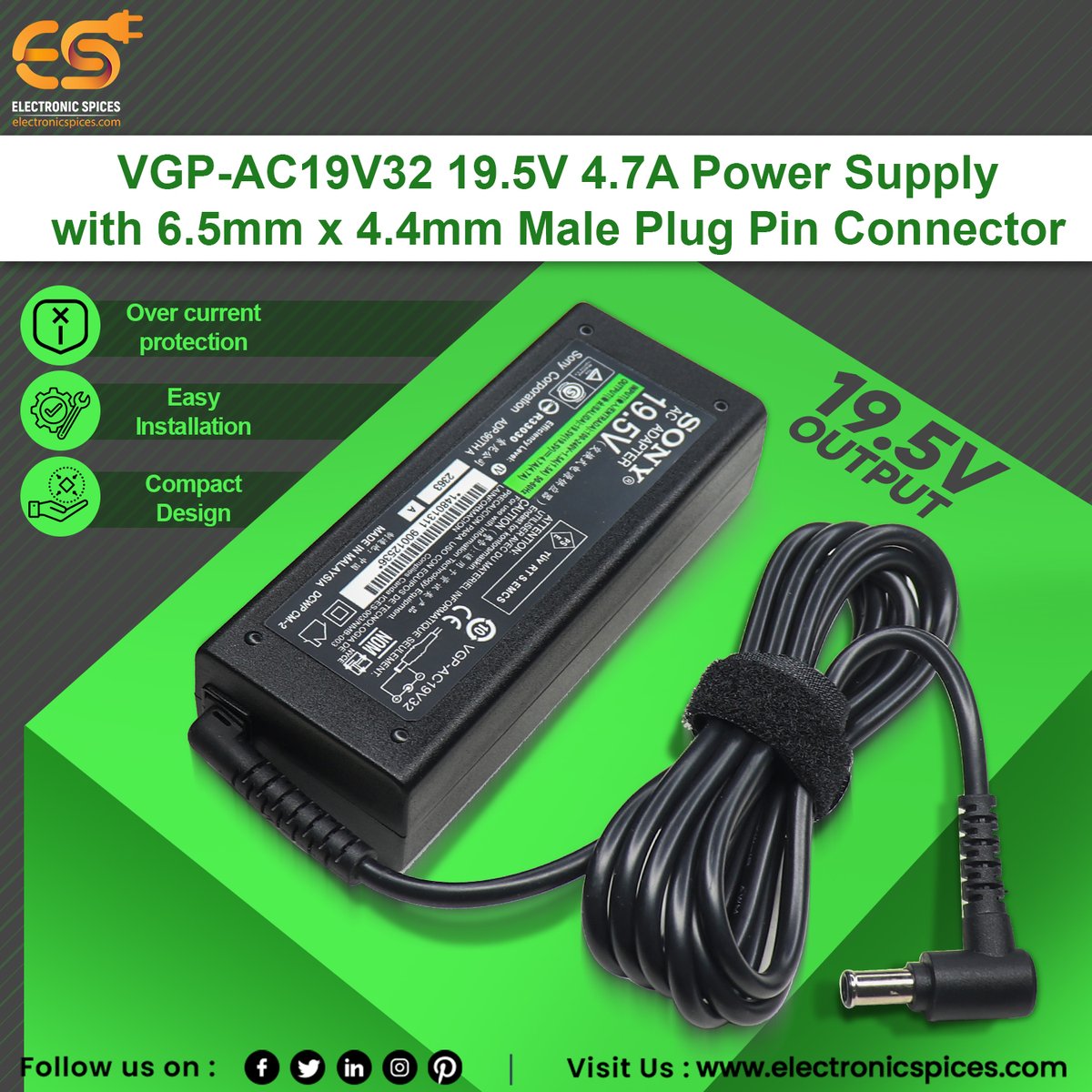 Electronicspic's tweet image. VGP-AC19V32 19.5V 4.7A Power Supply AC Adapter with 6.5mm x 4.4mm Male Plug Pin Connector

𝐒𝐩𝐞𝐜𝐢𝐟𝐢𝐜𝐚𝐭𝐢𝐨𝐧 :

Input voltage : 100V to 240V AC
Output voltage : 19.5V
Output Current: 4.7A 

𝐁𝐮𝐲 𝐍𝐨𝐰 : electronicspices.com/product/vgp-ac…

#PowerSupply #ACAdapter #Electronics