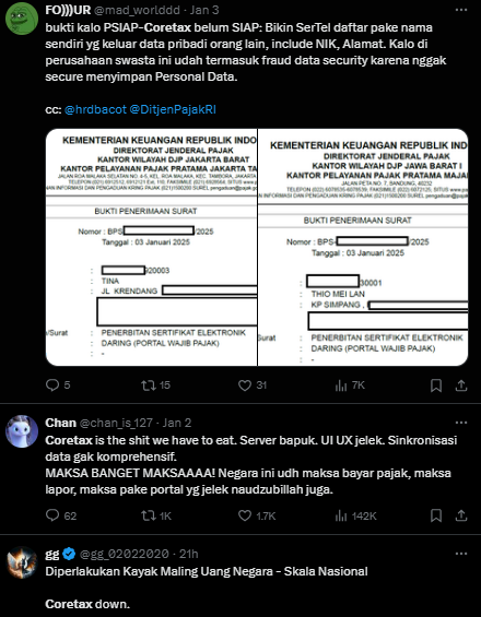 ardeks's tweet photo. Dan seperti biasa, sistem #coretax benar2 belum siap. Lagi-lagi rusak/error/down. Memang negara lucu. Pajaknya tinggi, pas mau bayar dipersulit. Pas mau lapor dibikin berbelit lalu kena denda selangit. https://t.co/yFjL5nSchY