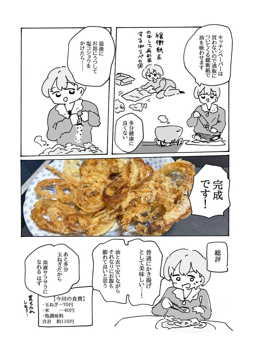 ぱらぺの限界メシレポート②～玉ねぎ(だけ)のかき揚げ～

いい加減包丁は研いだ方が良いかもしれない。
あと胃もたれには気を付けよう! 
