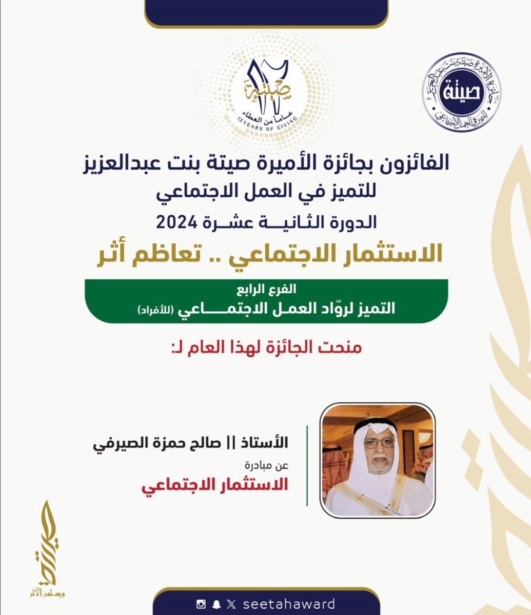 بكل فخر واعتزاز، نبارك للشيخ صالح حمزة صيرفي هذا التتويج المستحق ب #جائزة_الأميرة_صيتة  للتميز في العمل الاجتماعي لعام 2024.

هذا الإنجاز هو شهادة حية على مسيرته المتميزة وعطائه في خدمة المجتمع ودعم القطاع غير الربحي، مما أسهم في تعزيز ثقافة الاستثمار الاجتماعي ونشر أثره الإيجابي